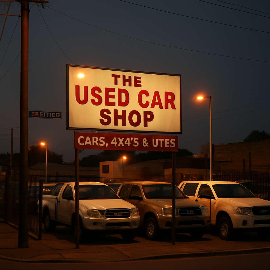 Wagon Wheel Motors dealership on Sydney Road, Fawkner at dusk