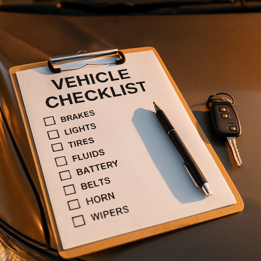 A vehicle checklist clipboard on the hood of a ute representing purchase assistance